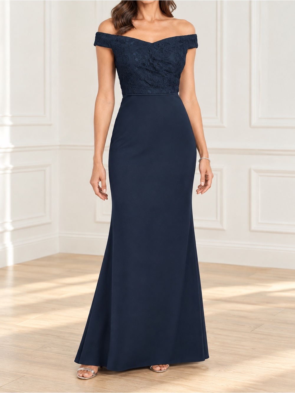 NWT Adrianna Papell Size 2 Navy Lace Off Shoulder Mermaid Formal Gown Dress